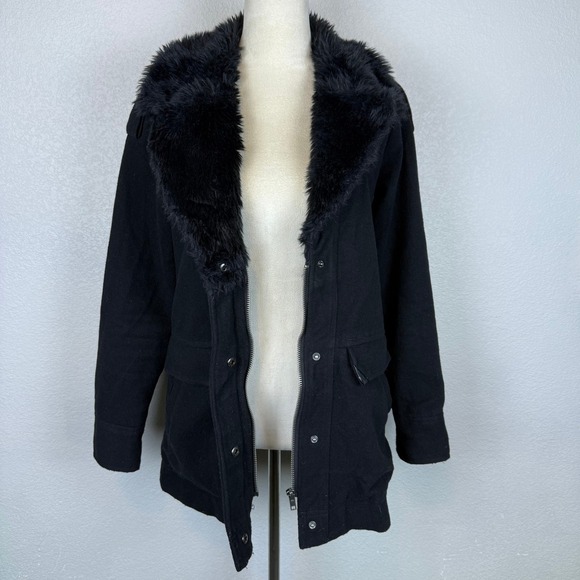 Y2K Hurley Black Faux Fur Trimmed Jacket Coat Faux Leather Patches Women's Small - Picture 9 of 11